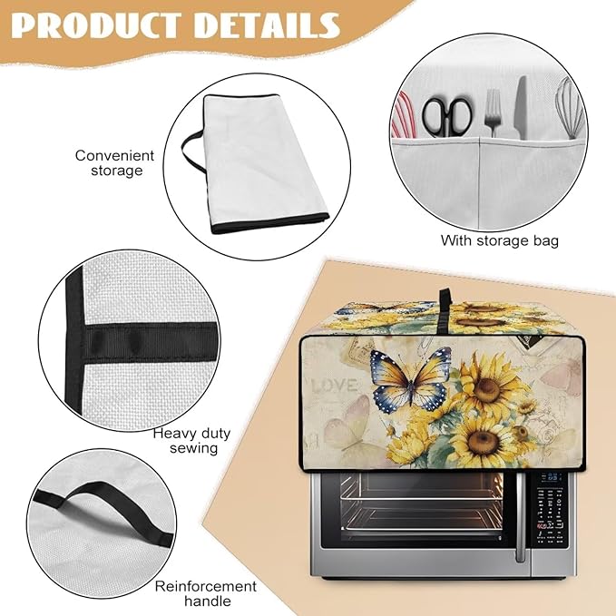 Toaster Oven Dust Cover with Accessory Pockets Neat Storage and Protection with Organizing Side Pockets for Kitchen Toaster Oven Appliances Decor Sunflower Butterfly