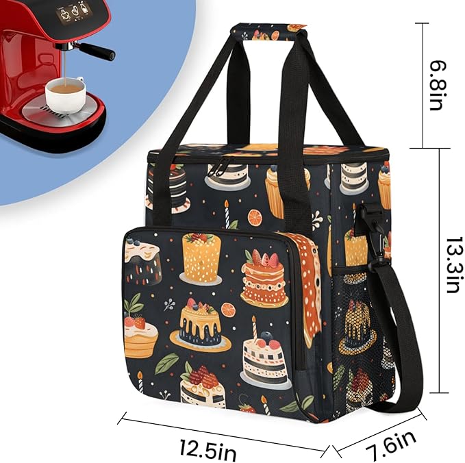 Delicious Cakes Coffee Maker Travel Bag for Keurig K-Mini/K-Mini Plus Insulated Waterproof Tote with Pockets for K-Cup Portable Single-Serve Brewer Case