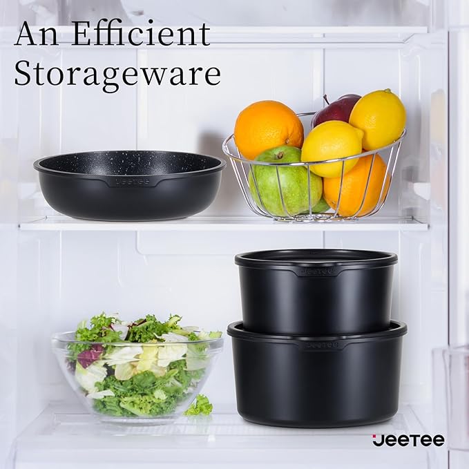JEETEE Pots and Pans Set Non Stick 17pcs Kitchen Cookware Sets with Detachable Handle Induction Nonstick Cookware Set with Removable Handle Stackable RV Cookware Oven Safe PFAS/PFOA Free Black