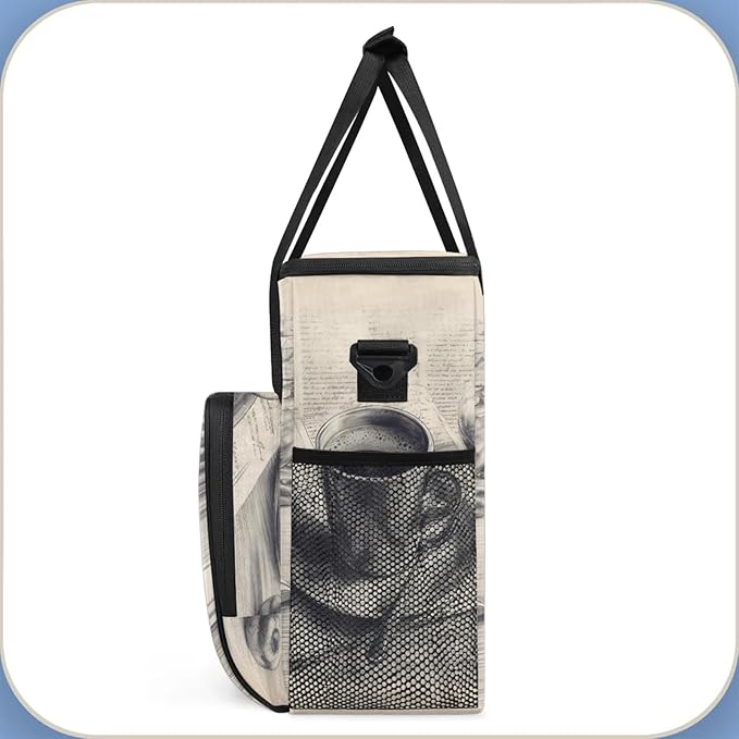 Retro Coffee Print Coffee Maker Travel Bag for Keurig K-Mini/K-Mini Plus Insulated Waterproof Tote with Pockets for K-Cup Portable Single-Serve Brewer Case