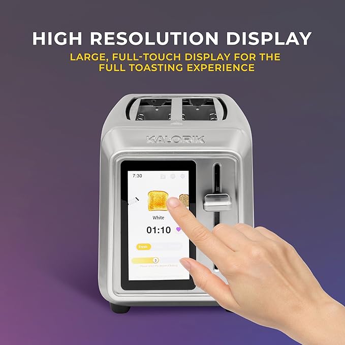 Kalorik Toaster VIVID TOUCH Series 2-Slice with Large High-Resolution Touchscreen and Customizable Cooking Presets by Bread Type Features Wide Slots and High Lift Lever 1000-Watts Stainless Steel