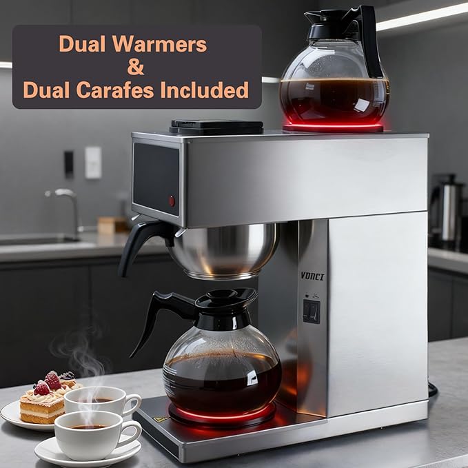 VONCI 1610W Commercial Coffee Maker 12 Cup Drip Coffee Machine 2 Glass Carafes and 2 Warmers Stainless Steel Housing &amp Funnel Industrial Coffee Maker for Offices Hotels Home