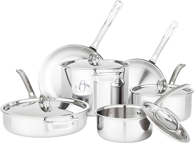 Viking Culinary 3-Ply Stainless Steel Cookware Set with Metal Lids 10 Piece Dishwasher Oven Safe Works on All Cooktops including InductionSilver