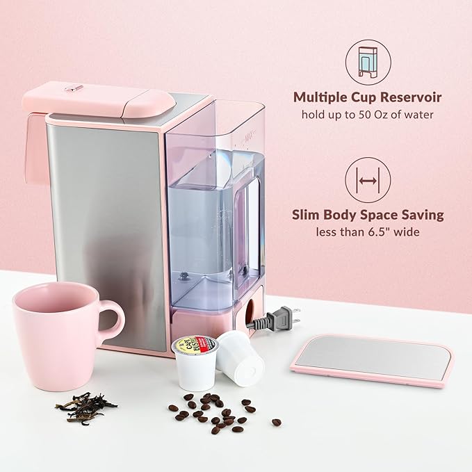 Mecity Pink Coffee Maker 3-in-1 Single Serve Coffee Machine For Flat Bottom Coffee Capsule Ground Coffee 6 to 10 Ounce Cup Removable 50 Oz Water Reservoir 120V 1150W