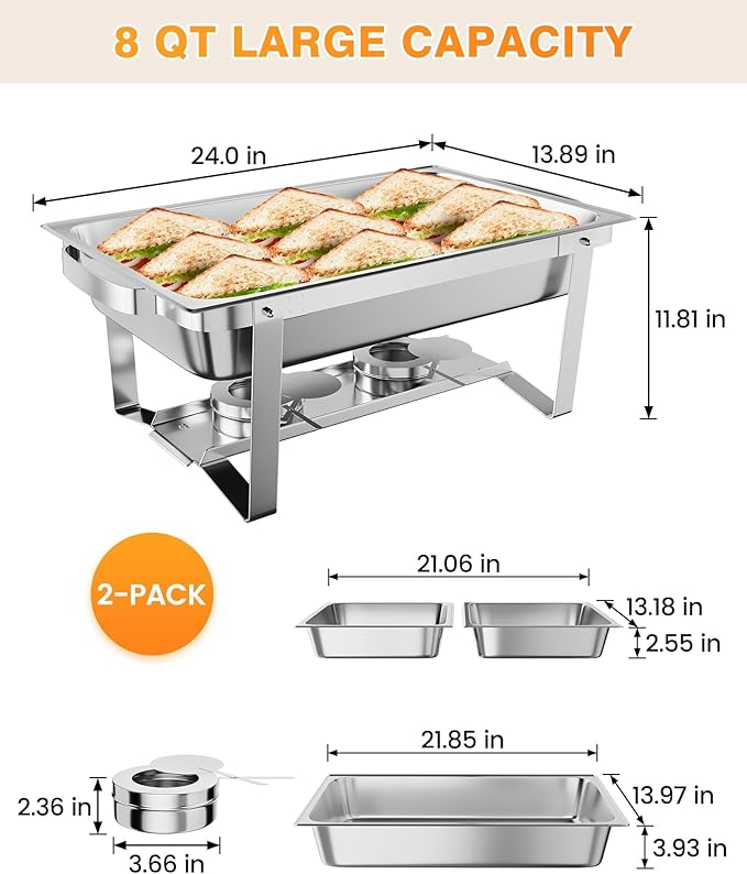 Portable Chafing Dish Buffet Set – 8QT Rectangular Stainless Steel Food Warmers with Lid &amp Holder – for Kitchen Catering Parties Banquets – 2-Pack Two-piece Set