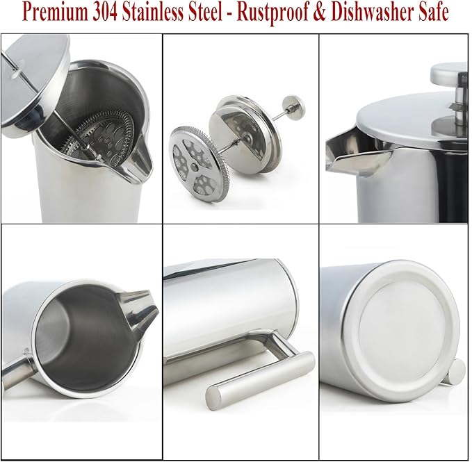 Stainless Steel French Press Coffee Maker - Portable Cafetiere 3 Cup Espresso Coffee Press - Double Wall Insulated Triple Mesh Filter - Perfect for Home Office Camping &amp Travel (20 Oz)