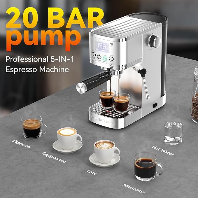 Espresso Machine 20 Bar Stainless Steel Espresso Maker with Steam Milk FrotherExpresso Machine for Home Temperature Control and LED Display Coffee Machine for Cappuccino Latte Americano