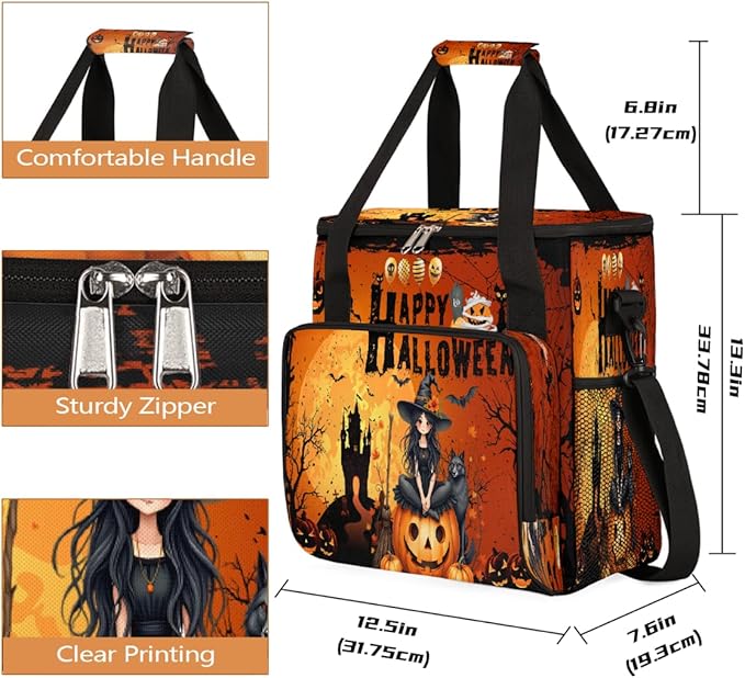 Witch Pumpkin Bats Moon Halloween Coffee Maker Carring Bag Travel Carrying Storage Tote Bag Compatible with Keurig K-Mini or K-Mini Plus Portable Single Serve Coffee Brewer Case with Pockets