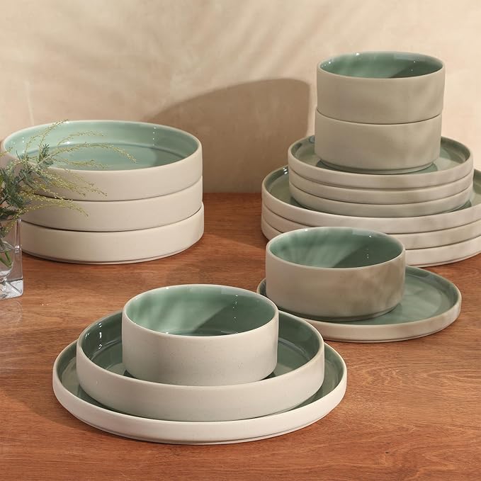 Gibson Elite Liberty Bay 16-Piece Pottery Clay Stoneware Dinnerware Set – Mint Green Reactive Glaze Stackable Plates and Bowls W/Pasta Bowl Service for 4 – Microwave &amp Dishwasher Safe