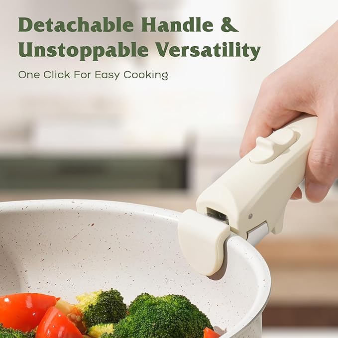 18 Pcs Pots and Pans Set Non Stick Cookware Sets with Detachable Handle Nonstick RV Kitchen Cooking Tools Removable Handles Oven Safe Induction Fast Stackable Induction Cookware White
