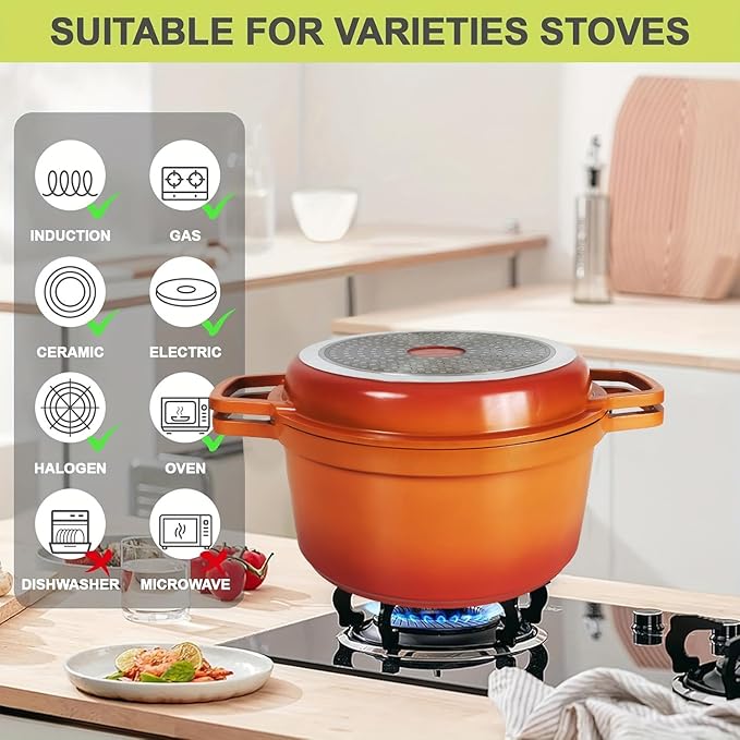 8-Piece Gradient Enamel Cookware Set Multi-Function Kitchen Collection with Soup Pot Steak Pan for Home RV Cooking (Orange Gradient 8-Piece Set)