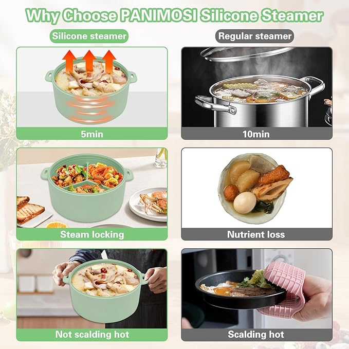 BestYiJo Microwave Rice Cooker 2-Layer Microwave Pasta Cooker and Steamer for Rice Vegetables Quinoa Oatmeal Ramen –Silicone Non-Stick(Green)