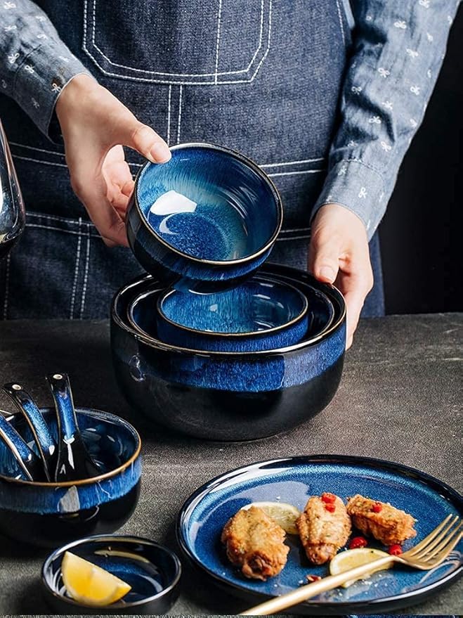 Dinner Set for Family Party Hotel Restaurant 6-39 Pieces Nordic Style Dinnerware Set Deep Sea Blue Kiln Chan