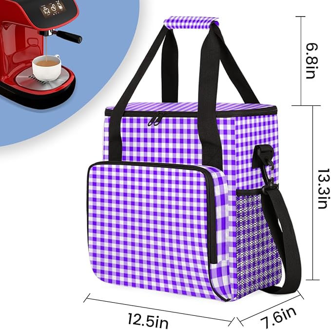 Purple Plaid Coffee Maker Carrying Bag Portable Travel Storage Tote Bag Compatible with K-Mini or K-Mini Plus Single Serve Coffee Brewer Carrying Case with Multiple Pockets &amp Shoulder Strap