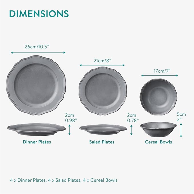 Navaris Scandi Style Porcelain Dinnerware Set - Ceramic Crockery Sets for 4 - Stackable Dishes with Dinner and Salad Plates Cereal Bowls - Dishwasher &amp Microwave Safe - 12pcs Grey