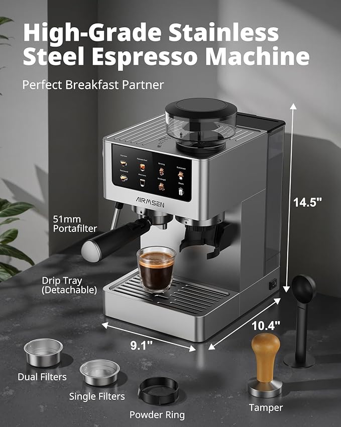 AIRMSEN Espresso Machines with Burr Grinder 20 Bar Milk Frother Steam Wand Stainless Steel Coffee Maker for Home - Cappuccino Latte &amp Cold Brew Iced Coffee Maker &amp Americano