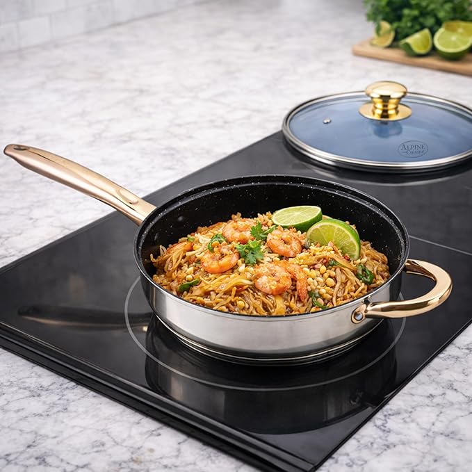 Alpine Cuisine 12-Piece Stainless Steel Cookware Set with Blue Glass Lids &amp Gold Handles – Nonstick Fry Pan Stock Pot &amp Sauce Pots – Induction Compatible Mirror Polish Kitchen Cooking Set