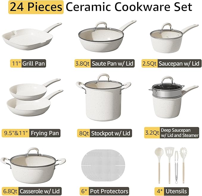 24Pcs Pots and Pans Set Non StickCeramic Cookware Set with 8Qt StockpotTitanium-Reinforced Long-Lasting NonstickPFAS-FreeInduction CompatibleComplete Kitchen Set for Batch Cooking &amp Family Me