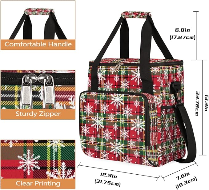 Christmas Snowflake Plaid Green Coffee Maker Carring Bag Travel Carrying Storage Tote Bag Compatible with Keurig K-Mini or K-Mini Plus Portable Single Serve Coffee Brewer Case with Pockets