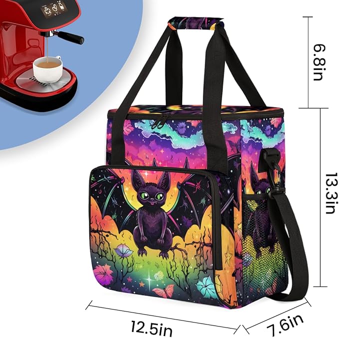 Colorful Bat Coffee Maker Carrying Bag Halloween Bat Travel Storage Bag Compatible with K-Mini or K-Mini Plus Single Serve Coffee Brewer Carrying Case with Multiple Pockets &amp Shoulder Strap