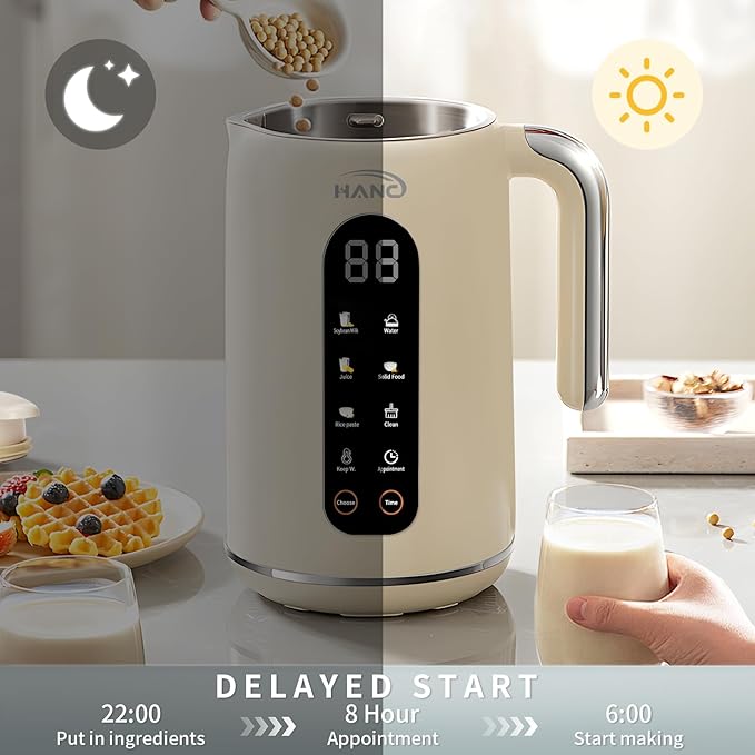 HANC 42oz Nut Milk Maker Machine 8 in 1 Silent Automatic Soy Milk Maker Homemade Soy Milk Oat Puree Almond Milk Maker with Delay Start/Keep Cream Warm/Boil Water/Self-Cleaning Cream