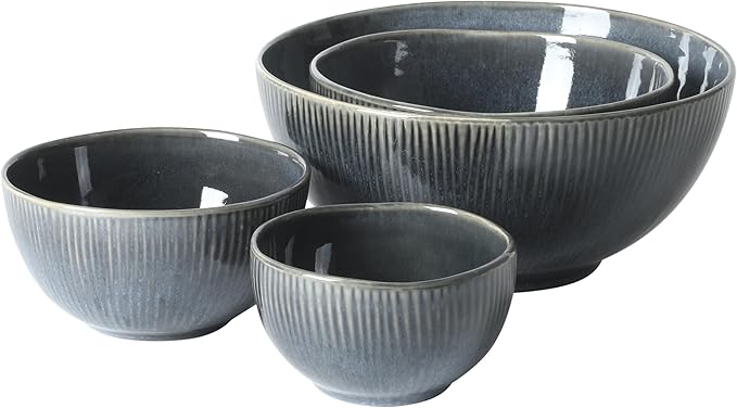 Gibson Elite Sandy Pines 4 Piece Nesting Bowl Set 4” 5.5” 7” &amp 9” Round Stoneware Bowls Reactive Glaze Finish Blue Mixing Prep &amp Serving Bowls Microwave &amp Dishwasher Safe