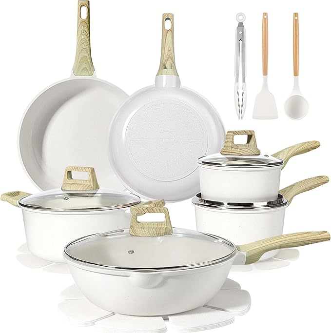 GiPP Ceramic Pots and Pans Set Non Stick - 18 Pcs Nonstick Cookware Set Non-toxic Healthy Kitchen Cooking Set w/Frying Pans Set Dishwasher Safe PFAS PTFE PFOA PFOS Free Cream White