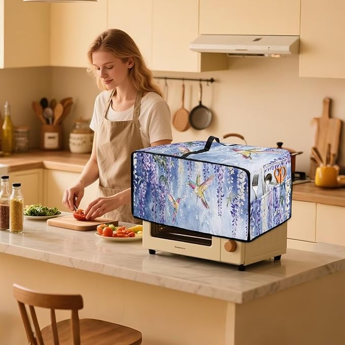 Heat-resistant Toaster Oven Cover Waterproof Dust-Proof Protective Case with Storage Pockets to Hold Jam Spreader Knife &amp Toast Machine Tongs Gazing Hummingbird