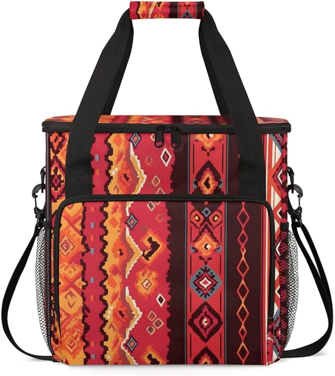 Ethnic Aztec Coffee Maker Carrying Bag Vintage Striped Pattern Travel Storage Bag Compatible with K-Mini or K-Mini Plus Single Serve Coffee Brewer Carrying Case with Pockets &amp Shoulder Strap