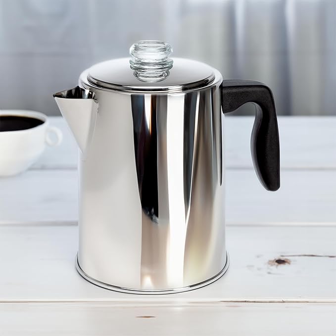 Primula Stovetop Coffee Percolator Premium Stainless Steel Coffee Maker with Reusable Filter Basket Non-Drip Spout Glass Knob Brew Indicator and Heat Resistant Handle Dishwasher Safe 8 Cup