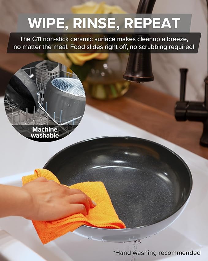 Nuwave Healthy G11-Pots and Pans Set Non Stick 9H Near-Diamond Hardness Scratch-Resistant Works on All Stovetops PFAS Free with Frying Pans Saucepans &amp Glass Lids Stay-Cool Handles Cool Gra