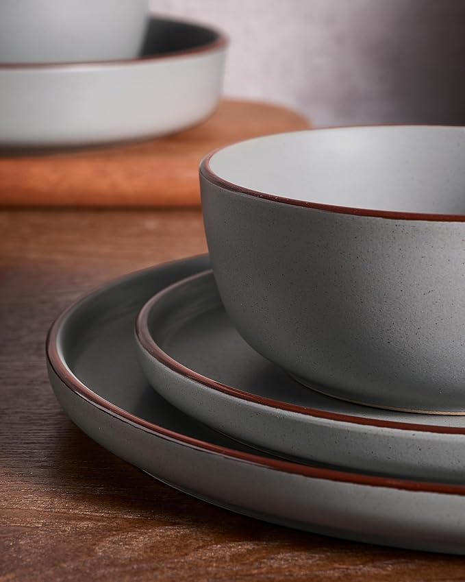 Famiware Mercury Plates and Bowls Sets 12 Pieces Stoneware Dinnerware Sets Dishes Set for 4 Microwave and Dishwasher Safe Dark Grey