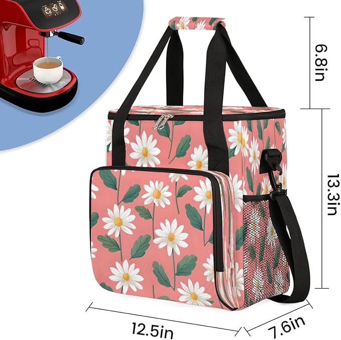 Foral Daisy Printed Coffee Maker Carrying Bag for Keurig K-Mini or K-Mini Plus Storage Portable Coffee Maker Travel Bag