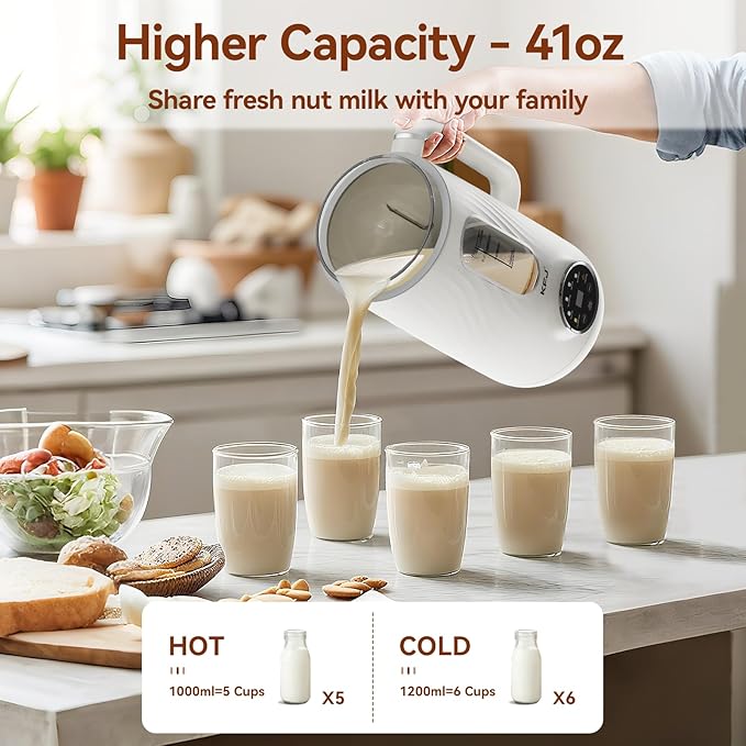 KFJ 8 in 1 Nut Milk Maker Machine 41oz Homemade Coconut Soy Oat Almond Plant Based Milks and Non-Dairy Beverages with Delay Start/Boil Water/Self-Cleaning White