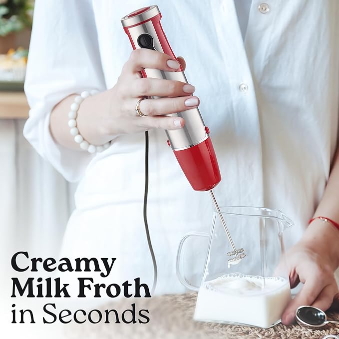 Zulay 4-in-1 Immersion Stick Mixer Hand Blender - 800 Watts 12 Speeds 5-ft Power Electric Cord Handheld Portable Stainless Steel Blades - With Whisk Frother &amp Stick Blender Attachments - Red