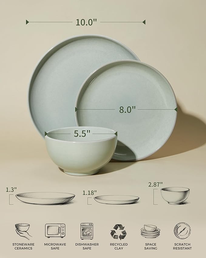 Santorini Mist Terracotta Reactive Glaze Plates and Bowls Sets Stoneware Dinnerware Sets Microwave and Dishwasher Safe Ceramic Dish Set Service for 4 Slate Green