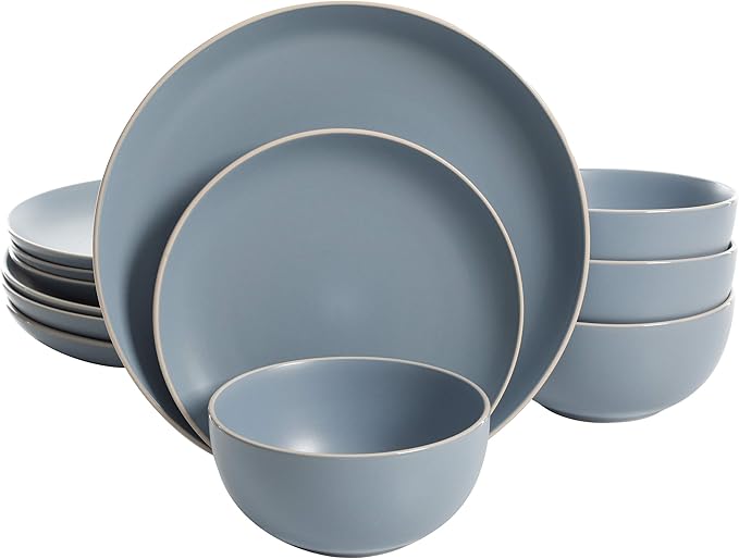 Gibson Home Rockaway 12-Piece Round Stoneware Dinnerware Set Service for 4 – Blue Plates and Bowls Microwave &amp Dishwasher Safe