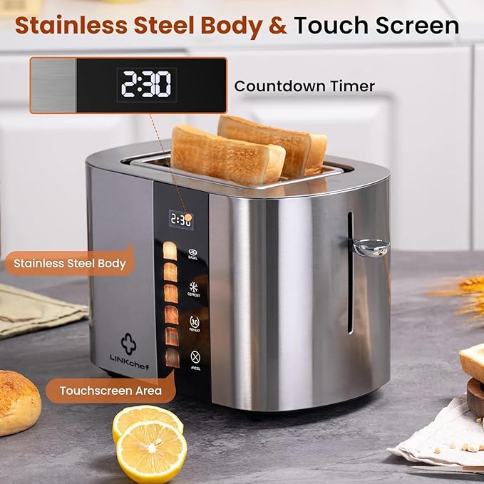 LINKChef 2 Slice Toaster Extra-Wide 1.5 Slots Touch Screen Control | Stainless Steel Bagel/Defrost/Reheat Functions
