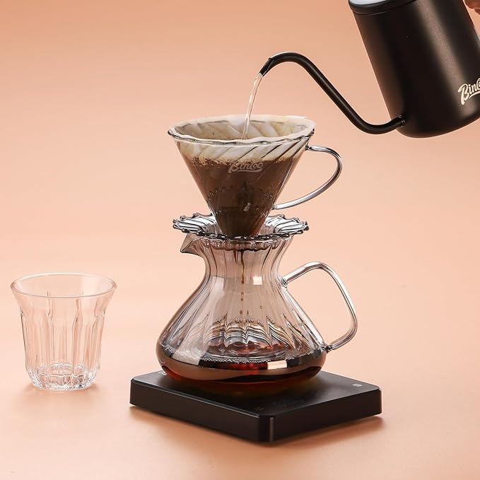 Bincoo Pour Over Coffee Maker Set650ML Borosilicate Glass Carafe with Coffee Driper&amp50pcs Paper FilterGlass Coffee Maker for Home Café Restaurant(Gray)