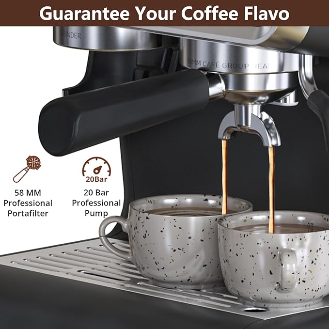 Semi-Automatic Espresso Machine with Built-in Grinder &amp Milk Frother - 20 Bar Pump 95Oz Removable Water Tank 30 Grind Settings Stainless Steel Coffee Maker for Latte/Cappuccino (Home &amp Offi