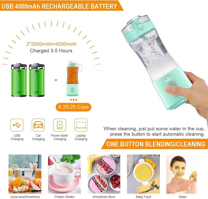 Vaeqozva Portable Blender USB Rechargeable Personal Mixer Fruit Mini Blender for Smoothie Fruit Juice Protein Shake Milk Shakes Blue