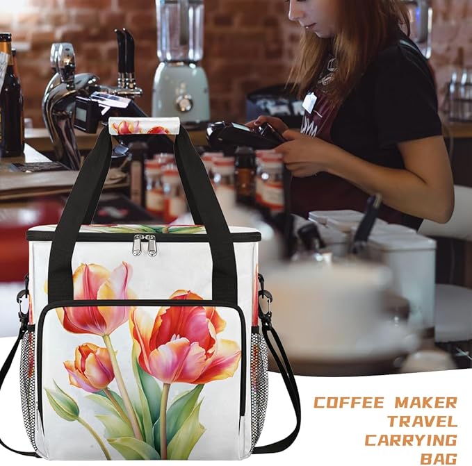 Tulips Painting Pattern Coffee Maker Carring Bag Travel Carrying Storage Tote Bag Compatible with Keurig K-Mini or K-Mini Plus Portable Single Serve Coffee Brewer Case with Pockets for K-cup Pods
