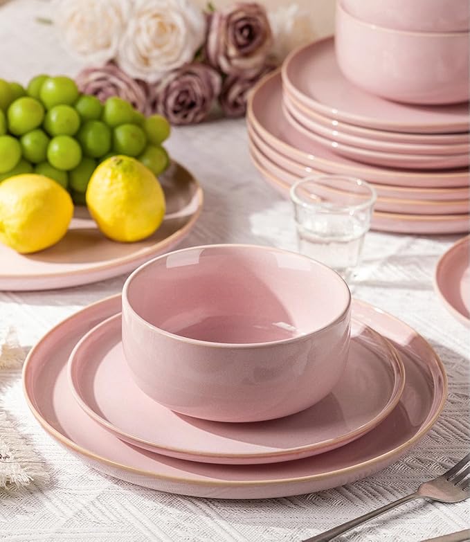 TheTerra Ceramic Dinnerware Sets for 4 12 Pieces Handmade Reactive Glaze Plates and Bowls Set Scratch Resistant Dish Set Oven &amp Microwave &amp Dishwasher Safe Sakura Pink