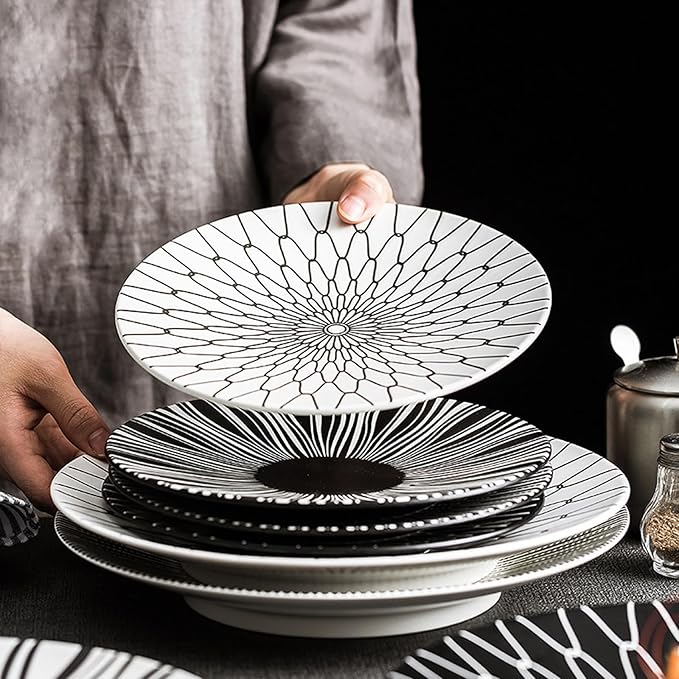 The Art of Lines Dinnerware Set service for 2Lightweight Round Plates Bone China Dinnerware SetsSteak Dinner Plates Dish Set (4Pcs) a beautiful gift LJW69