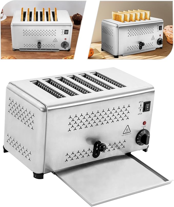 6 Slice Toaster 1650W 430 Stainless Steel 3 Models Adjustable Time Bread Baking Machine 110V Bread Baker for Homes Bakeries Restaurants Hotels Cafe Stores Breakfast Stores