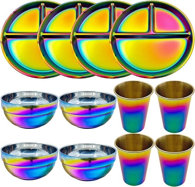 12-Piece Stainless Steel Rainbow Dinnerware Sets for 4 Unbreakable Reusable Divided Plates Bowls Cups Round Dishwasher Safe for Kitchen Camping Picnic RV