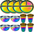 12-Piece Stainless Steel Rainbow Dinnerware Sets for 4 Unbreakable Reusable Divided Plates Bowls Cups Round Dishwasher Safe for Kitchen Camping Picnic RV