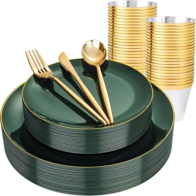 bUCLA 150PCS Green Plastic Plates - Green and Gold Disposable Include 25 Each (Dinner &amp Dessert) Plates 25 Knives 25 Forks 25 Spoons and 25 Cups Ideal for Party&ampChristmas