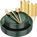 bUCLA 150PCS Green Plastic Plates - Green and Gold Disposable Include 25 Each (Dinner &amp Dessert) Plates 25 Knives 25 Forks 25 Spoons and 25 Cups Ideal for Party&ampChristmas