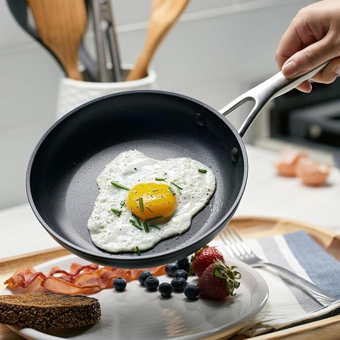 KitchenAid Hard Anodized Induction Nonstick Frying Pan Set With Lid 3-Piece – 8 &amp 10 Inch Skillets Durable Even Heating Dishwasher &amp Oven Safe Easy-Clean Matte Black